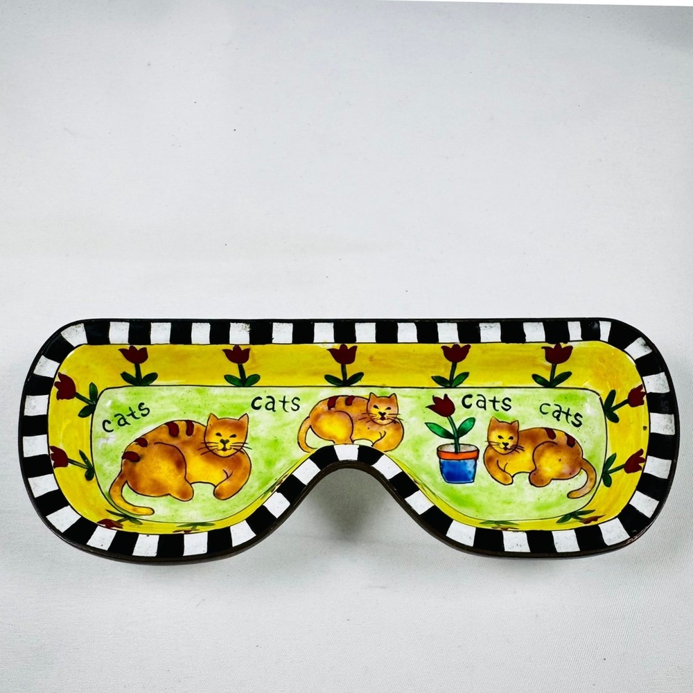 Kelvin Chen 1999 Enamel On Copper Cat Eyeglasses Trinket Tray Hand Painted Y2K